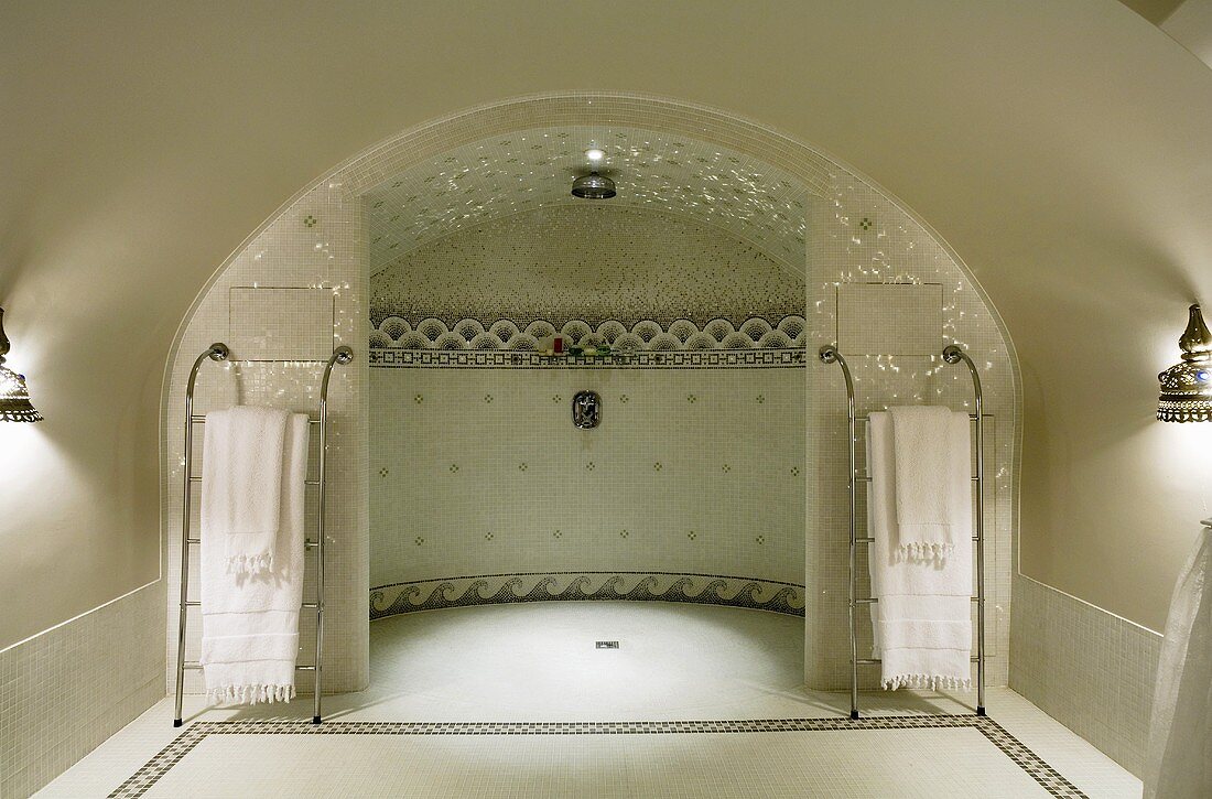 An elegant bathroom under a barrel ceiling with a luxury shower area and an empyrean