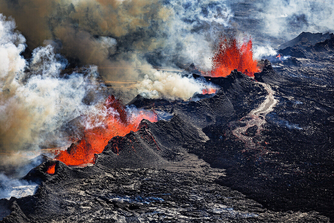 Volcano Eruption at the Holuhraun Fissure near Bardarbunga Volcano, Iceland. Aerial view of lava and plumes. August 29, 2014 a fissure eruption started in Holuhraun at the northern end of a magma intrusion, which had moved progressively north, from the Ba