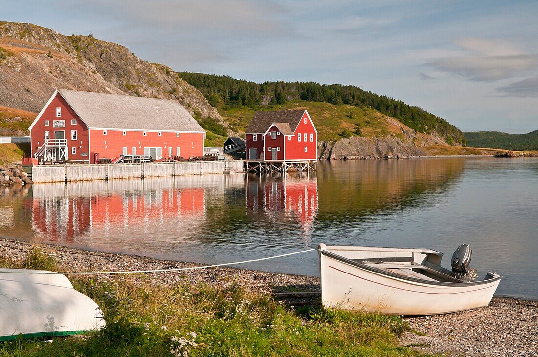 Rising Tide Theatre Arts Centre reflected in Trinity Bay, Trinity, Newfoundland and Labrador, Canada