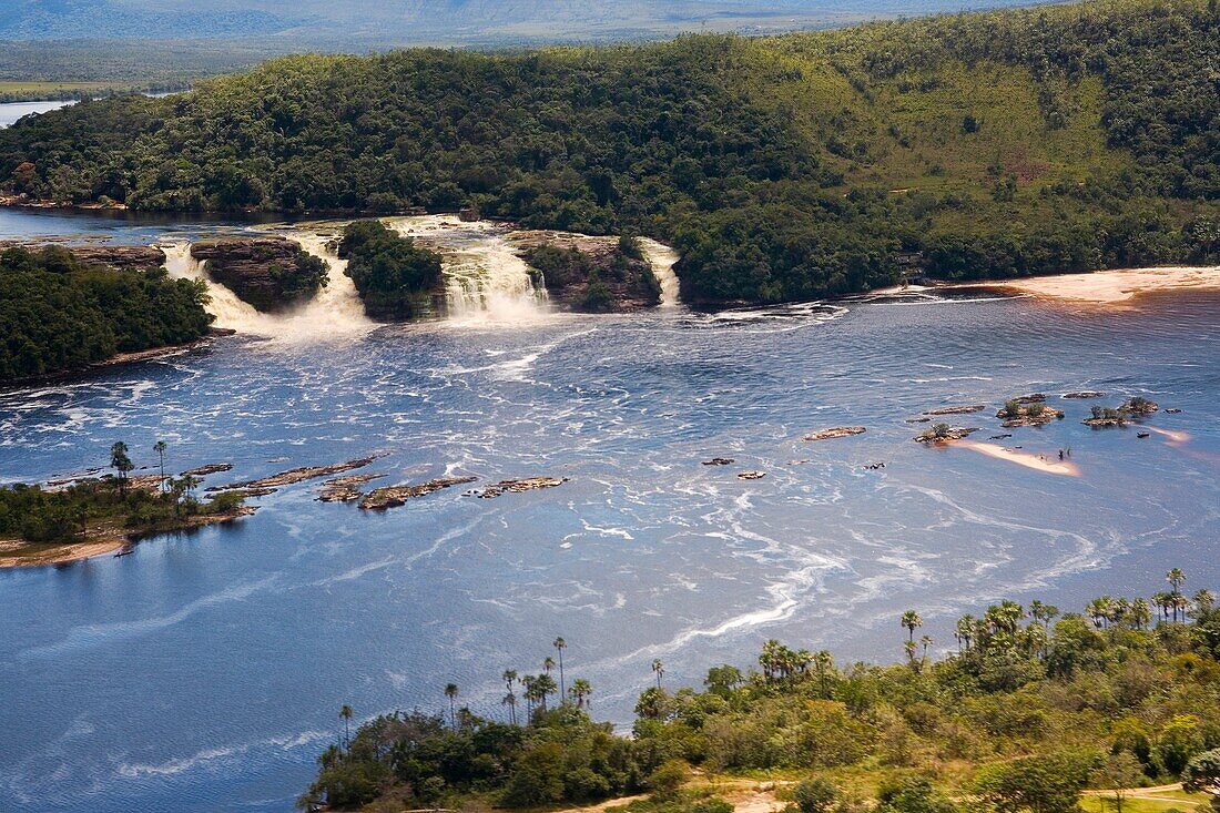 Aerial Landscape Photograph Of Waterfalls Lake Trees And Vegetation At Canaima National Park, NATIONAL PARK CANAIMA, GUAYANA, VENEZUELA