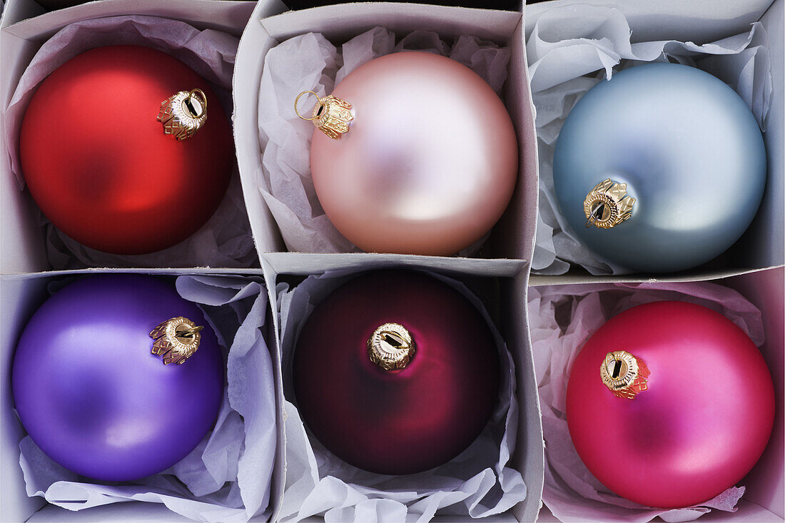 A box of Christmas baubles.