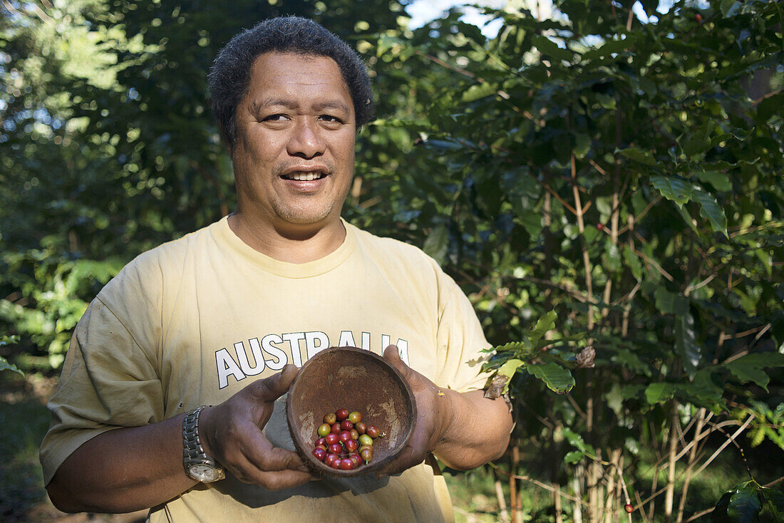 Atiu Island. Cook Island. Polynesia. South Pacific Ocean. One of the growers teaches coffee beans grown on the island of Polynesia. Atiu has a long history of growing coffee. Missionaries established it commercially in the early 19th century. By 1865, ann