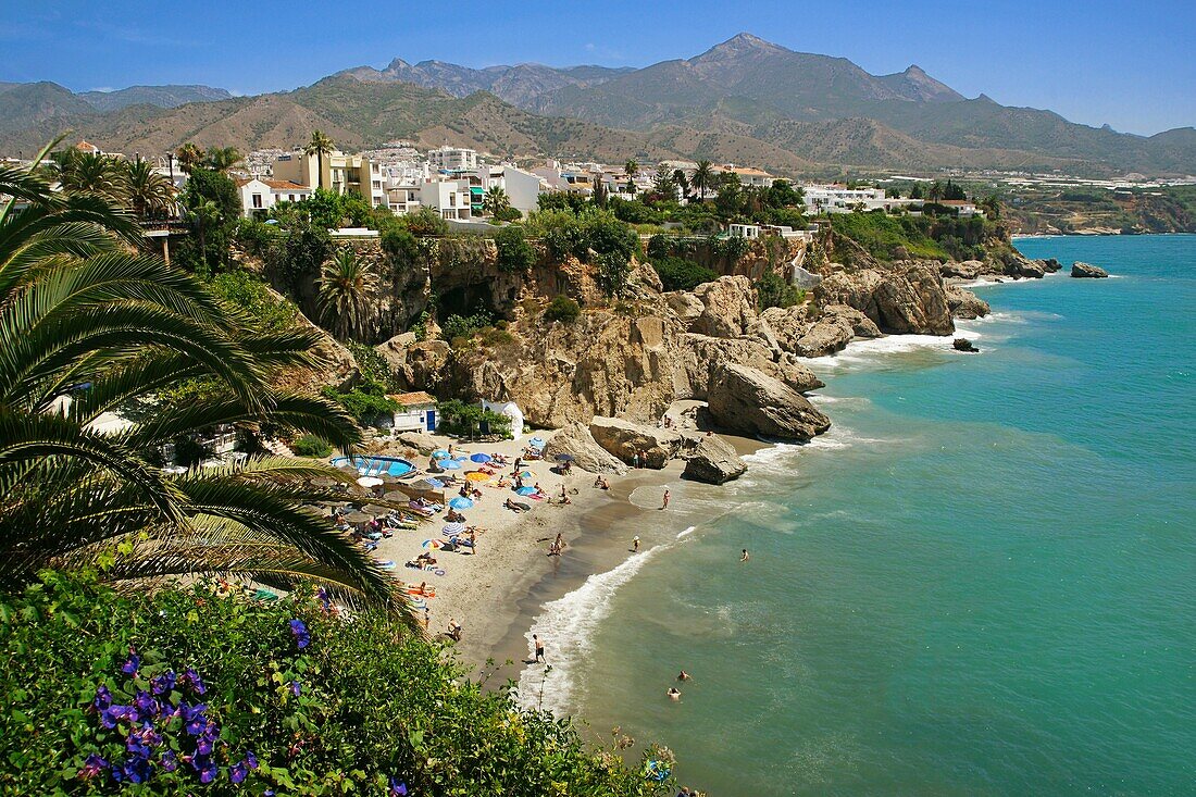 Beach as seen from Balcon de Europa, Nerja, Malaga province, Andalusia, Spain
