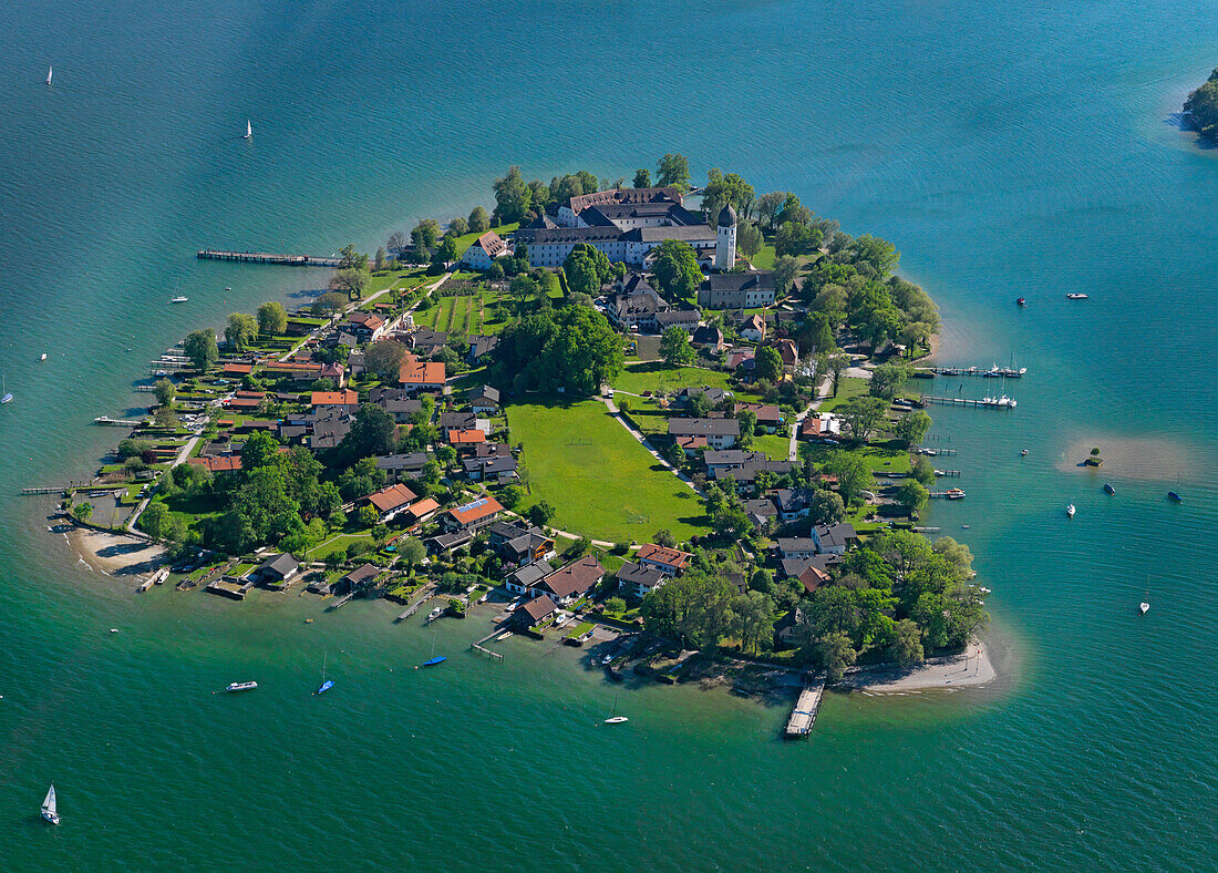 Aerial shot of Fraueninsel, lake Chiemsee, Bavaria, Germany