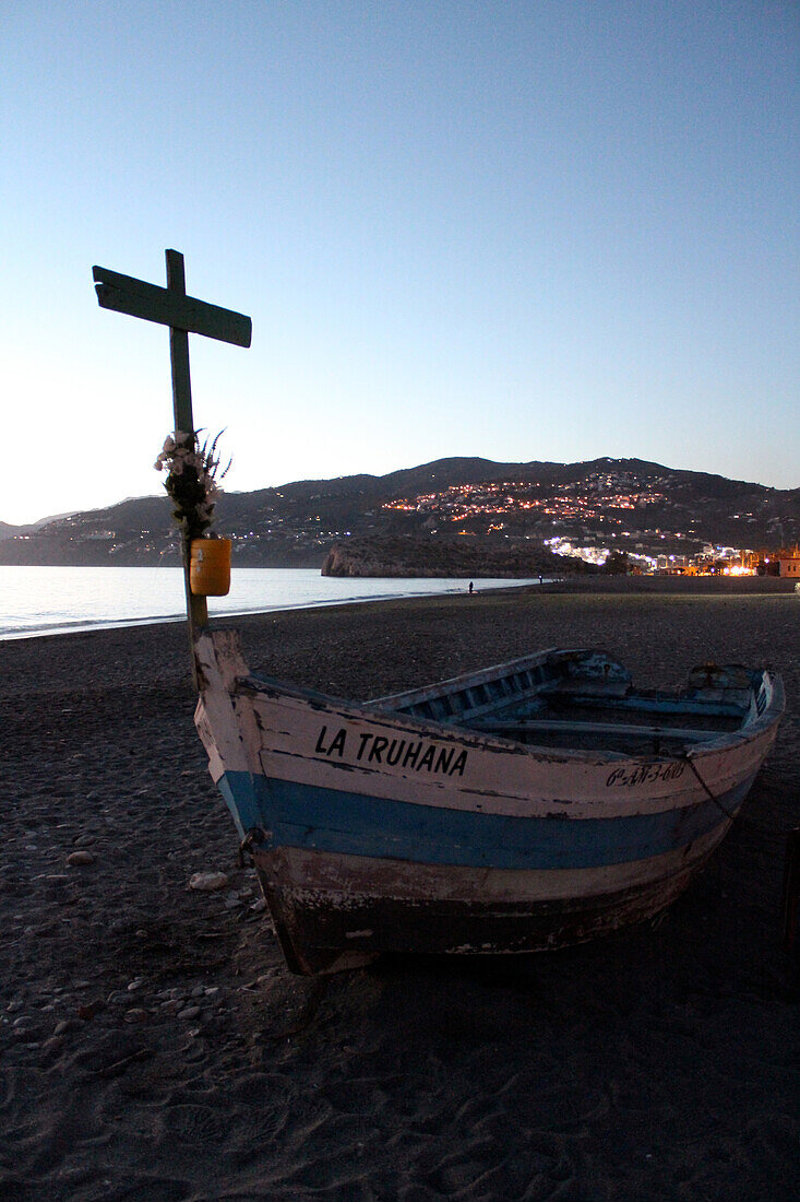Fishing boat at beach, Salobrena, Costa Tropical, Andalusia, Spain