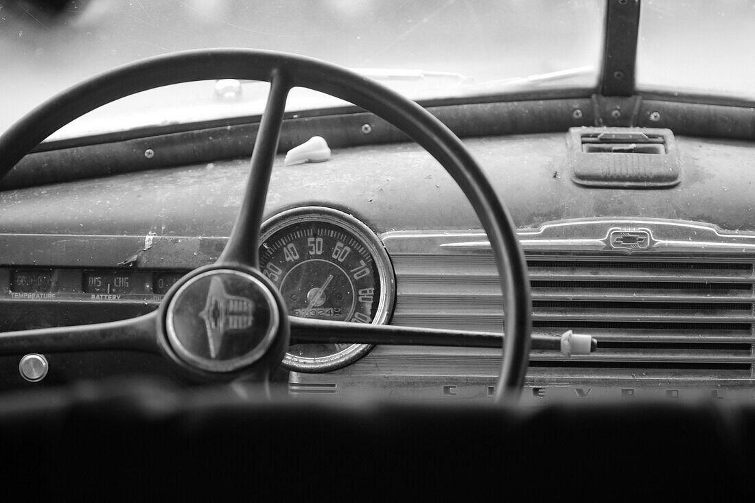 Inside a vintage Chevrolet, Ontario, Canada