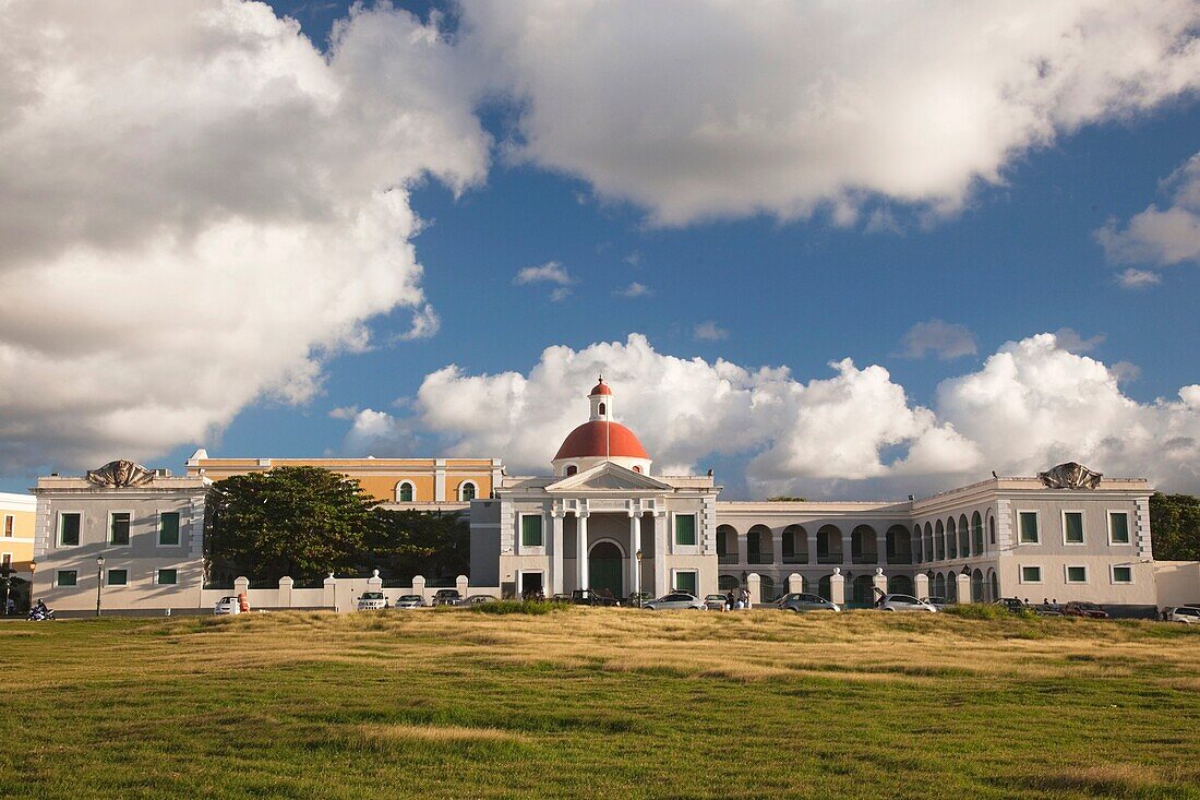 Puerto Rico, San Juan, Old San Juan, Campo del Morro field and Escuela de Artes Plasticas art school.