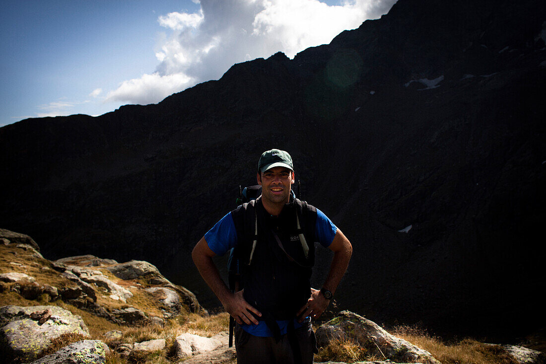Hiker, ascent to Bremer Hut (2413 m), rear of Gschnitz Valley, Stubai Alps, Tyrol, Austria