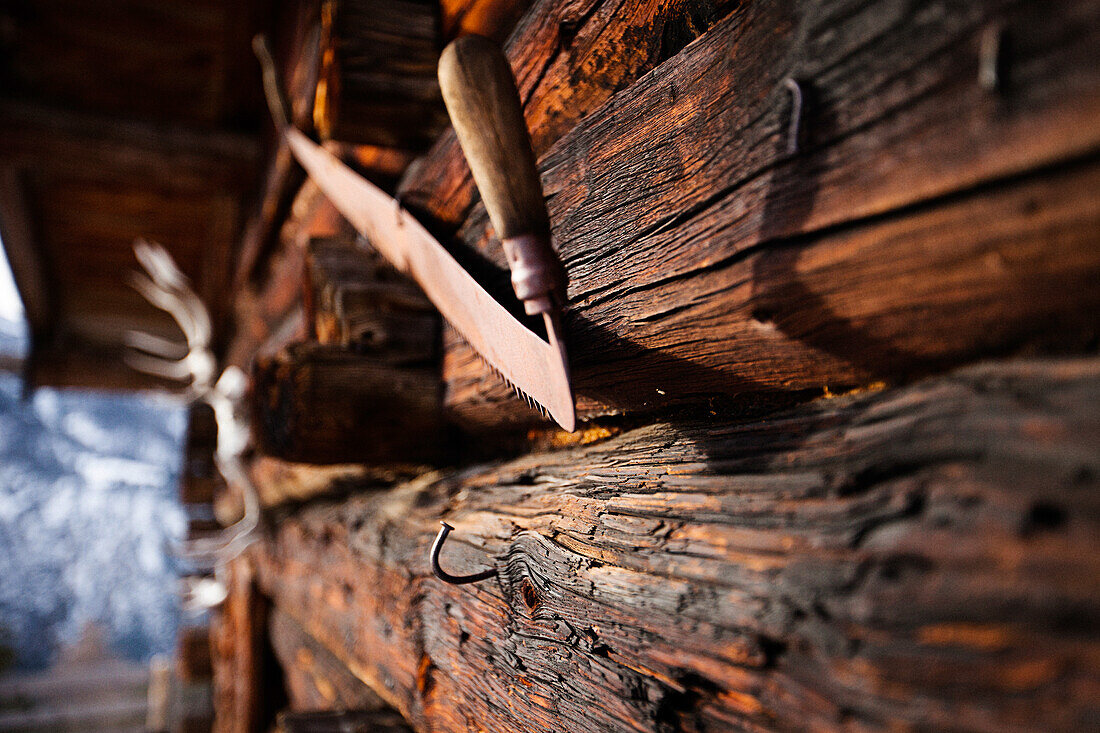 Close up of a wooden hut, Koegl alp (1432 m), descent from Unnutz Mountain (2078 m), Rofan Mountains, Tyrol, Austria