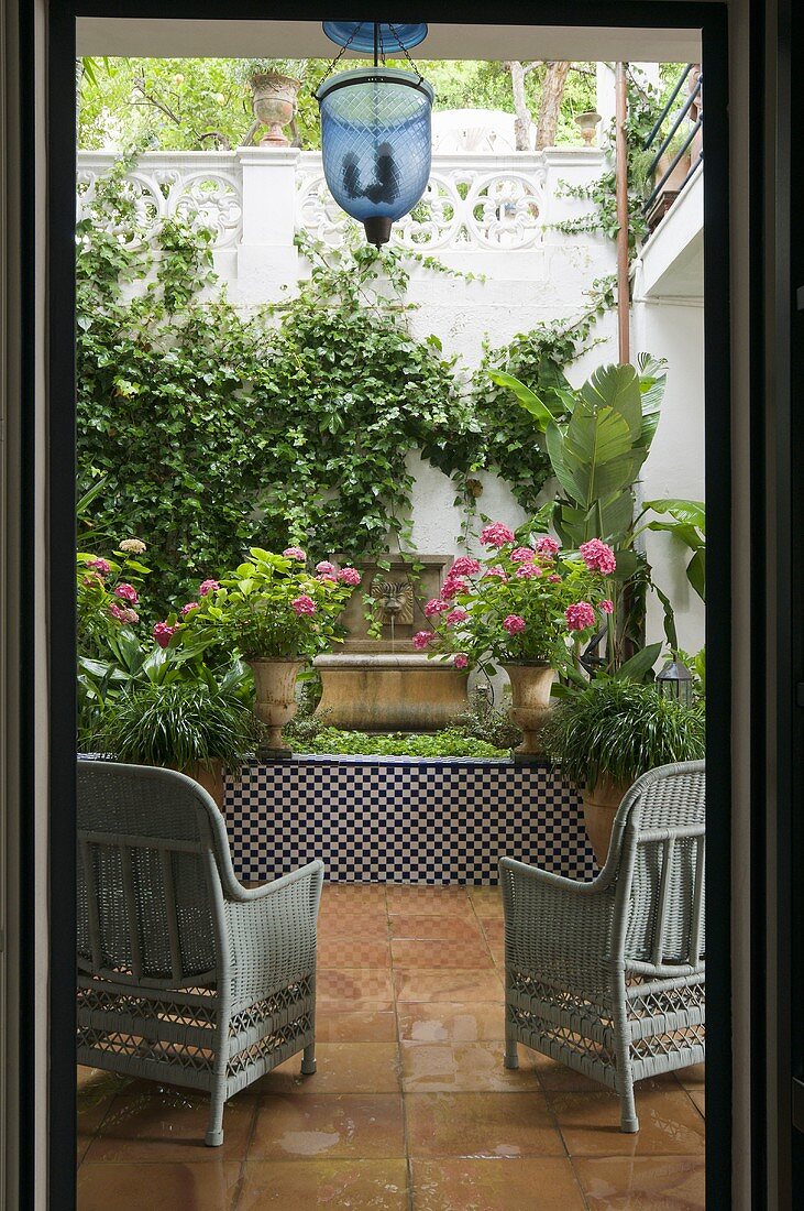 Blick auf grüne Oase in Mediterranem Patio