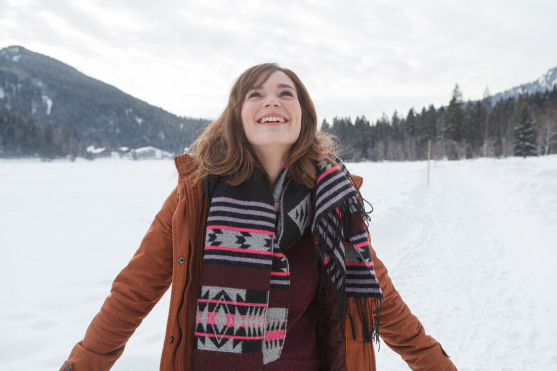 Laughing young woman, Spitzingsee, Upper Bavaria, Germany