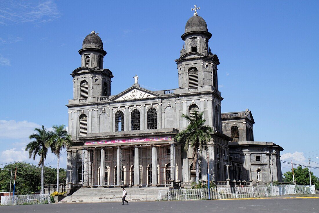 Nicaragua, Managua, Santiago of Managua Cathedral, landmark, Catholic, church, religion, ruin, earthquake damage, tower, dome, cross, facade, fence, plaza, palm tree,