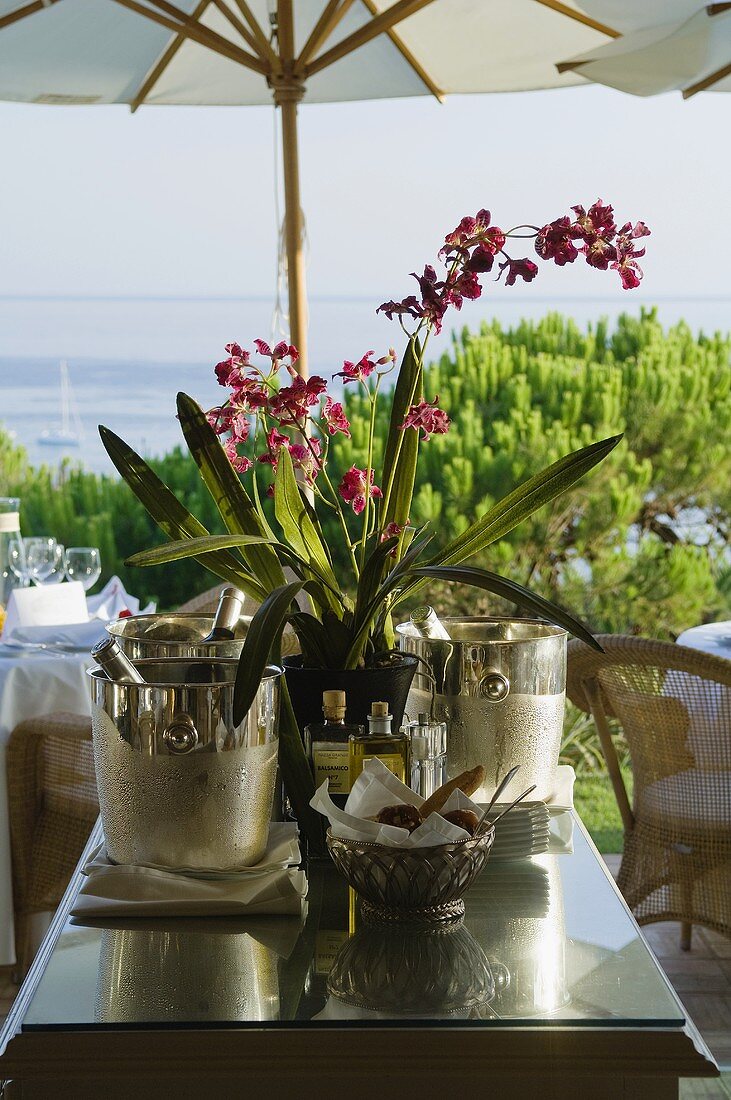 Weinkühler auf Terrassentisch unter Schirm vor Mediterraner Umgebung und Meerblick