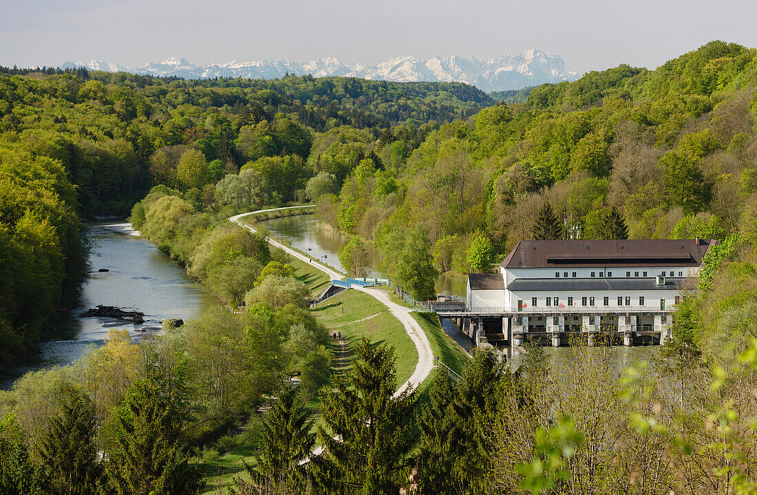 View over the Isar valley to the Bavarian Alps with Zugspitze, Isar canal, Power station, Pullach, South of Munich, Munich, Upper bavaria, Bavaria, Germany, Europe