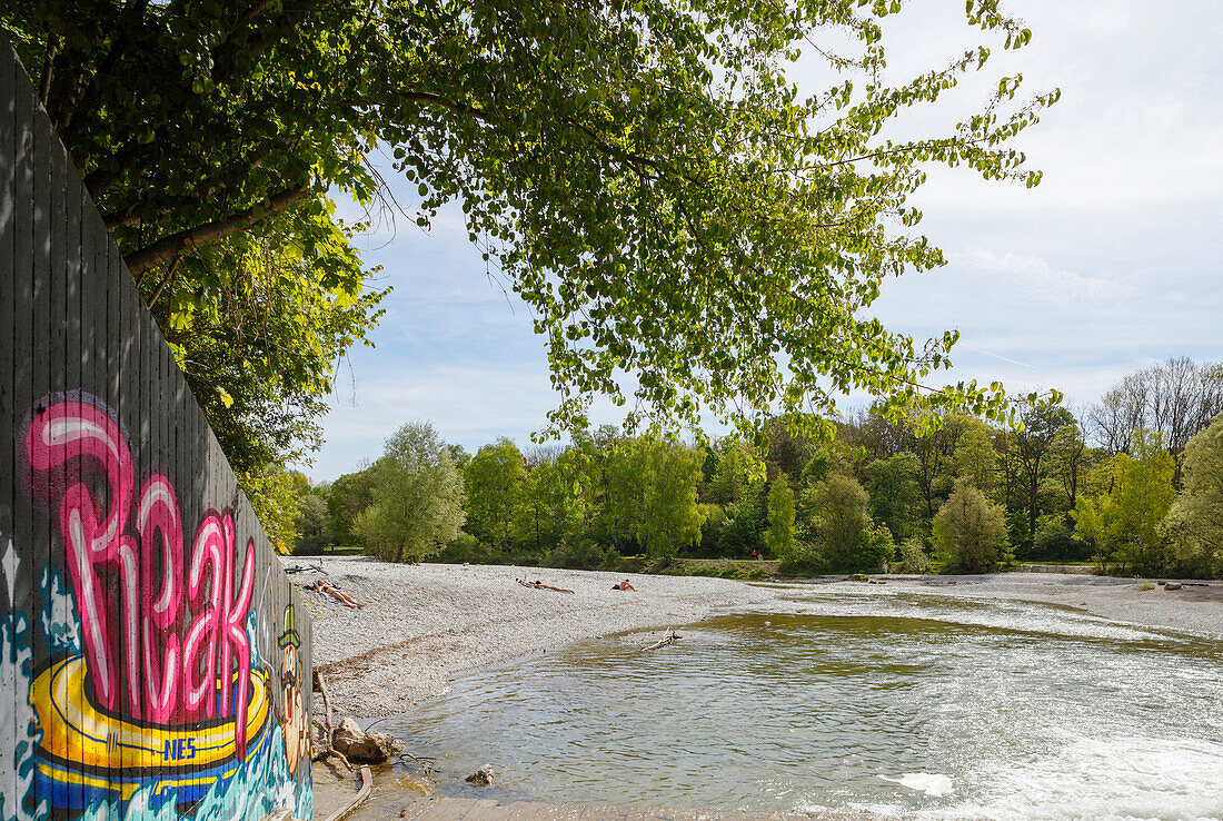 Graffiti at Flaucher, beach and BBQ area, Isar river, Spring, Munich, Upper Bavaria, Bavaria, Germany, Europe