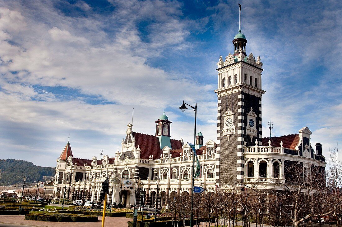 Dunedin Railway Station, box hedge garden and flower beds, Dunedin, Otago, New Zealand