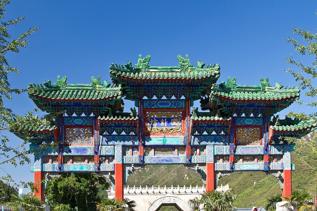 Decorative Chinese gate at the Great Wall of China, Jinshanling section, Beijing, China