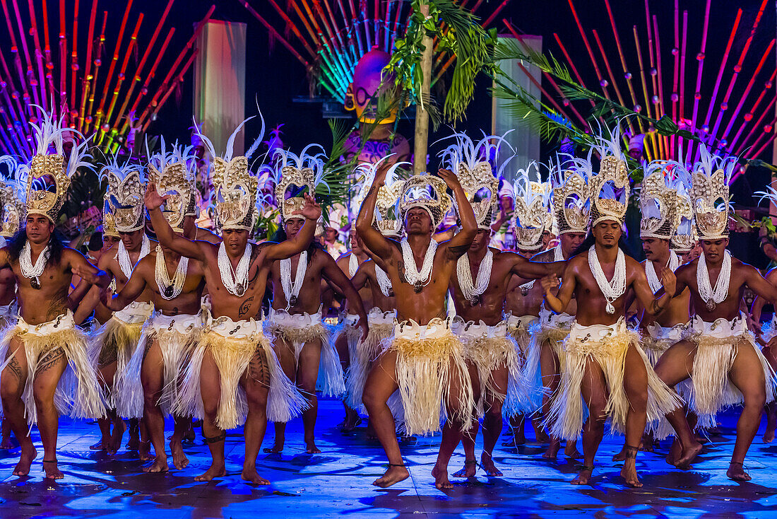Hitireva dance group performing during the Heiva i Tahiti (July cultural festival), Place Toata, Papeete, Tahiti, French Polynesia.