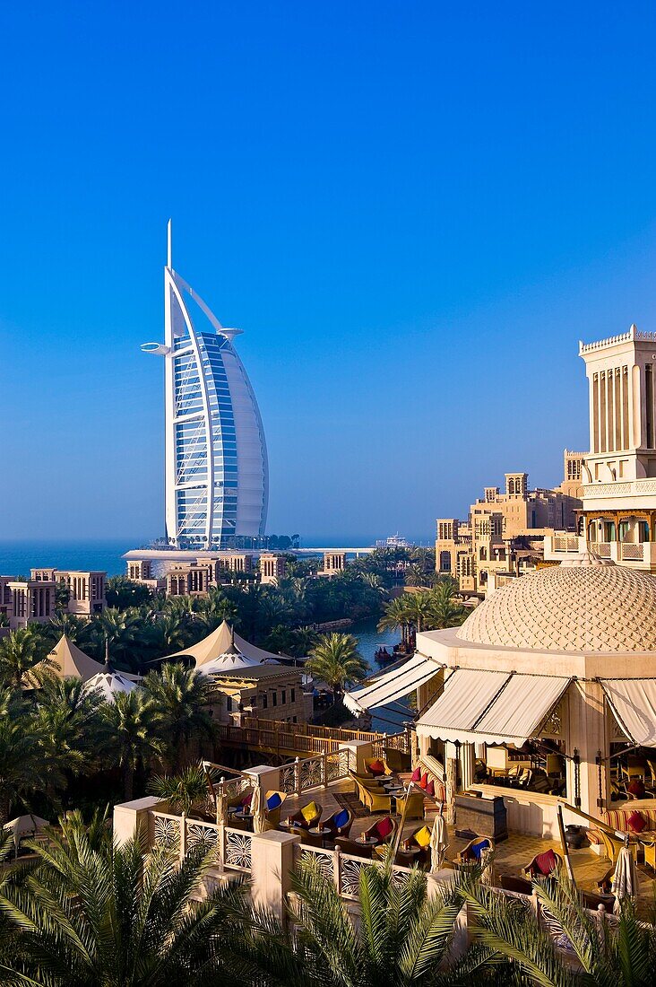 View from the Al Qasr Hotel, part of the Madinat Jumeirah resort complex, with the Burj al Arab Hotel in the background, Dubai, United Arab Emirates