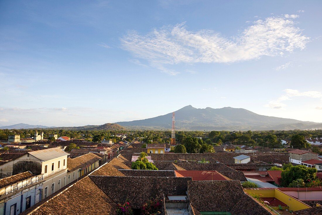 Rooftop view of Granada, Nicaragua with the Mombacho Volcano looming in the background