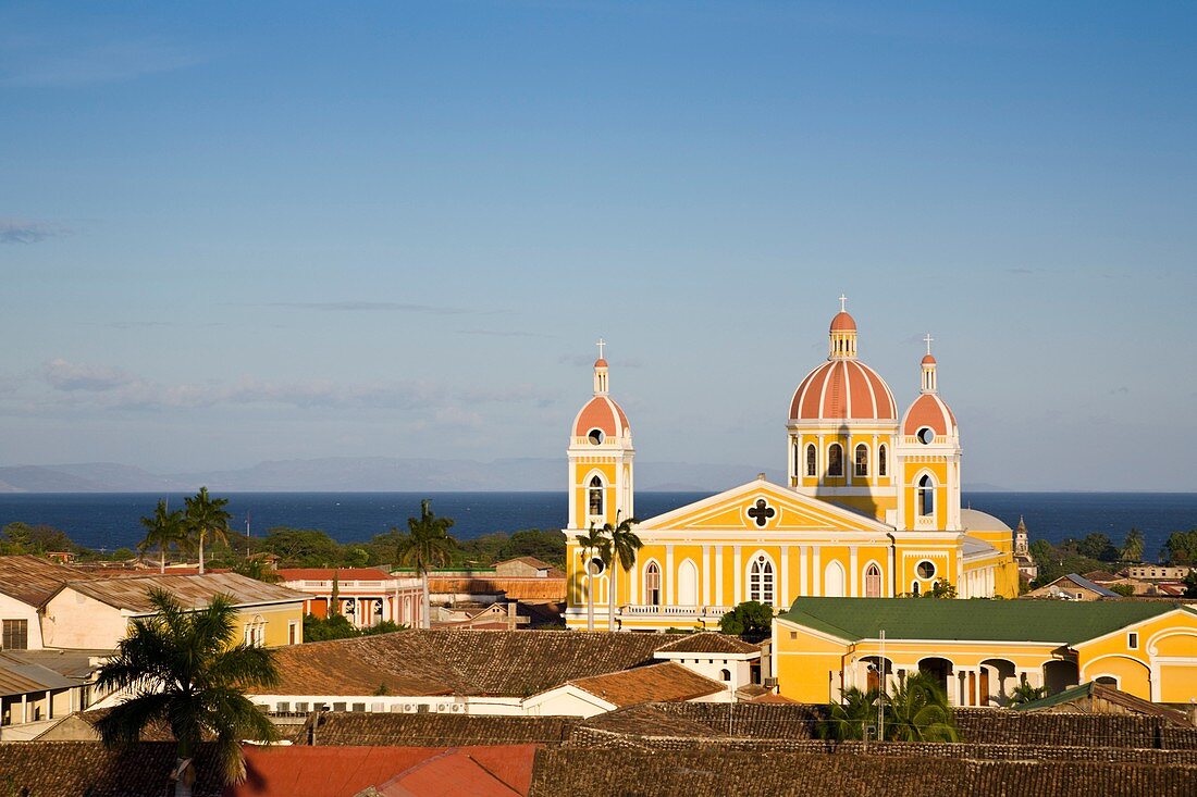 Cathedral of Granada in front of Lake Cocibolca from the Iglesia La Merceds belltower, Granada, Nicaragua