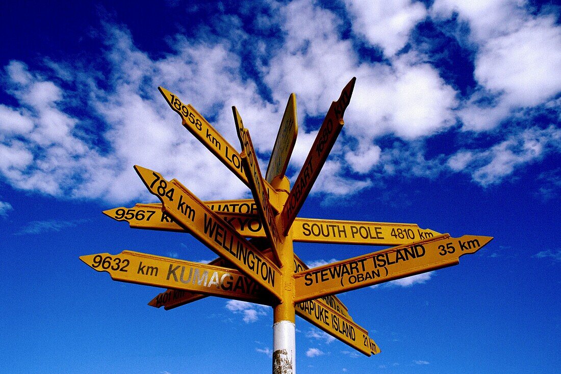 A sign pointing to several international destinations found at the southern most tip of the South Island New Zealand