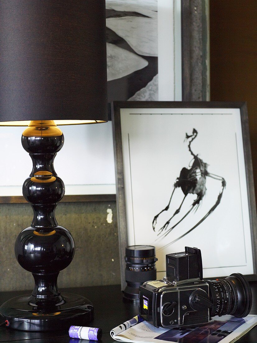 Table lamp with black shade and base next to a camera and framed picture