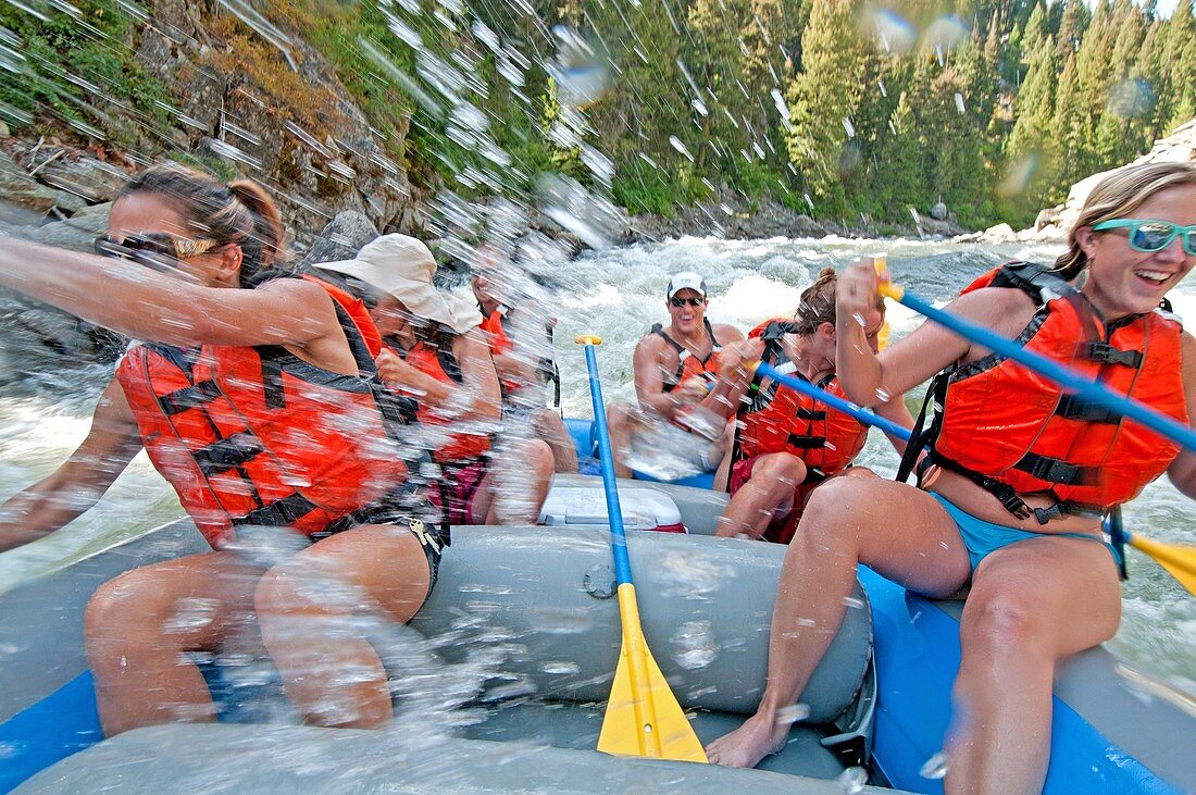 Rafting the Cabarton section on the North Fork of the Payette River which is Class 3 and near the city of Cascade in central Idaho
