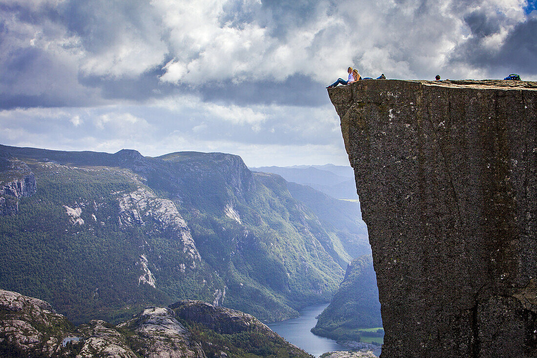 Preikestolen, Pulpit Rock, 600 meters over LyseFjord, Lyse Fjord, in Ryfylke district, Rogaland Region, It is the most popular hike in Stavanger area, Norway.