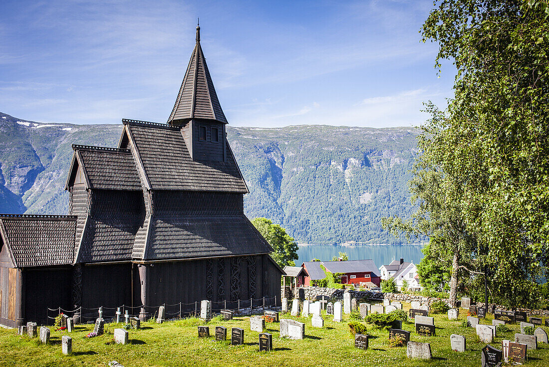 Urnes stave church at Lustrafjord fjord, branch of the Sognefjord fjord, Europe's oldest stave church, Sogn of Fjordane, Norway, Europe.