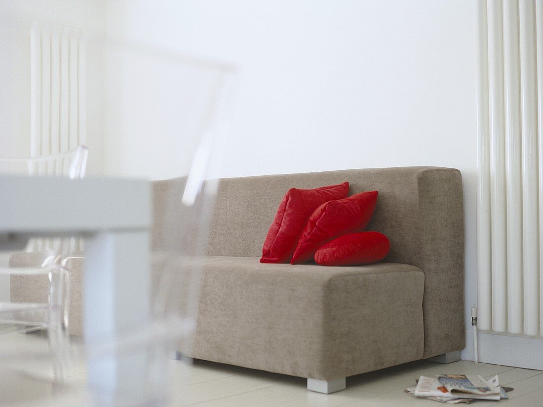 Sitting room with neural coloured sofa with red cushions and painted floorboards.