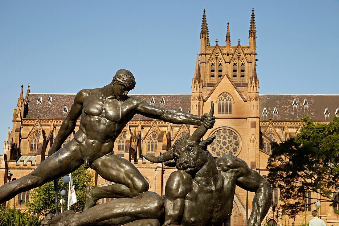 Archibald Fountain with Theseus slaying a minotaur and St  James Church in Sydney, New South Wales, Australia