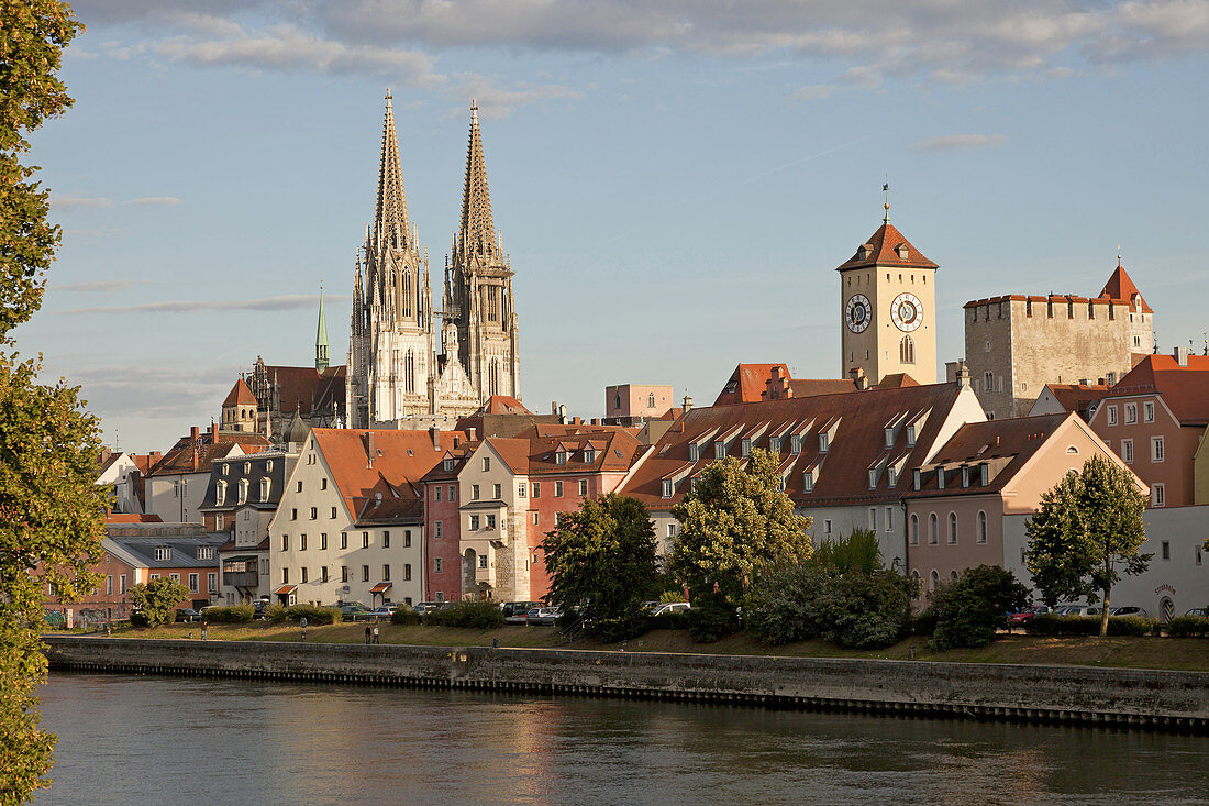 cityscape with Danube river, medieval centre, city hall tower and Regensburg Cathedral in Regensburg, Bavaria, Germany, Europe.