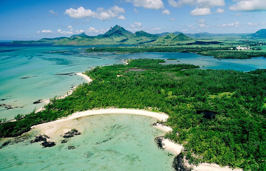 SW over beaches of Isle Aux Cerfs, Beau Rivage, toward Mt  Bambou and Lion Mt  in Domaine du Chasseur, east coast of Mauritius