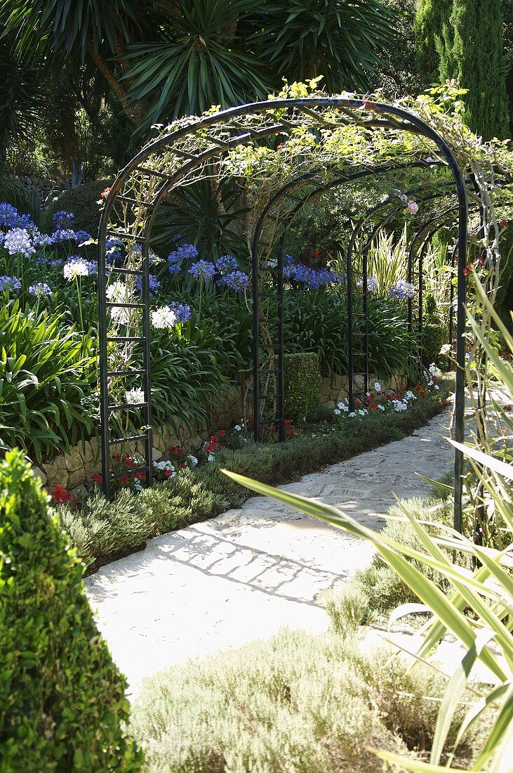 Path with flower beds and pergola