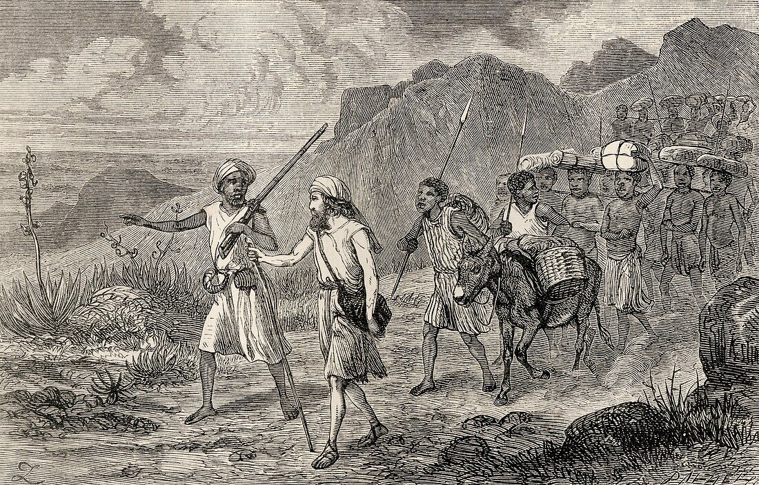 Mungo Park, 1771 to 1806, Scottish explorer, during his exploration of the African continent in 1795  From The Life and travels of Mungo Park published 1875