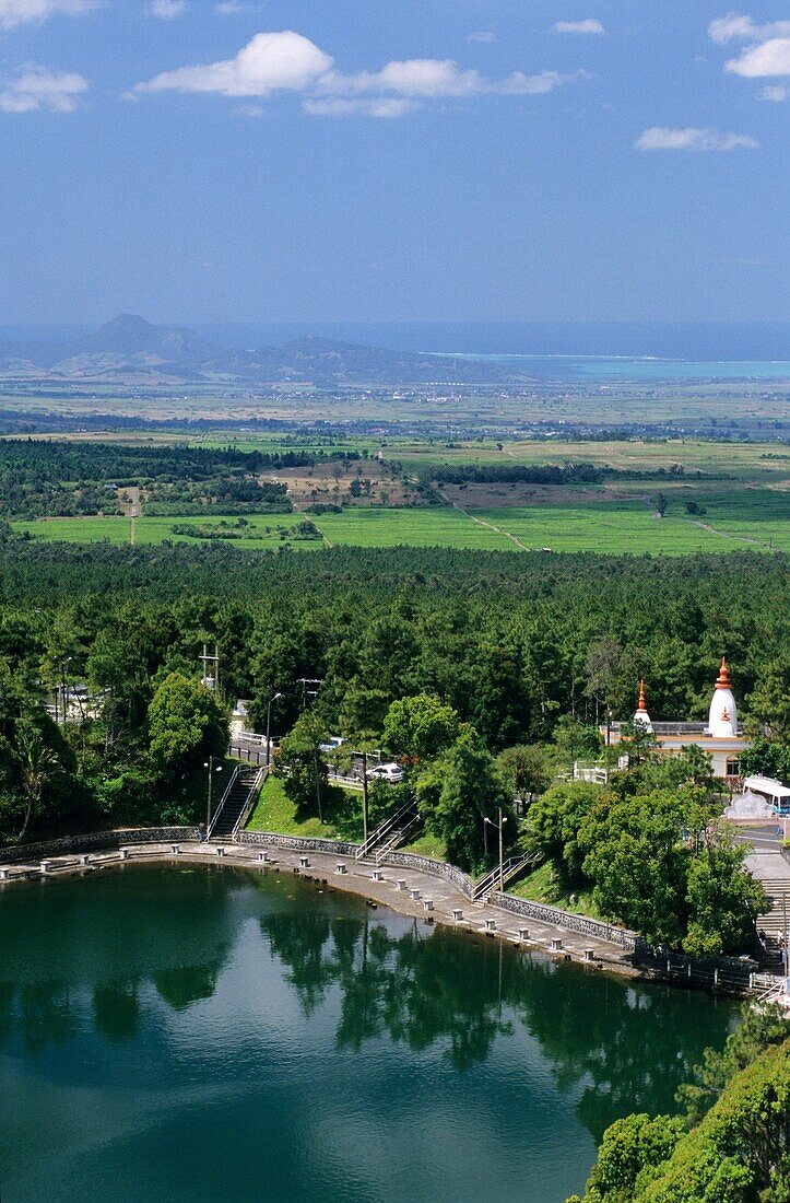 Overview from hilltop of holy hindu pilgrimage site of Crater Lake at Grand Bassin, Mauritius Island, Indian Ocean
