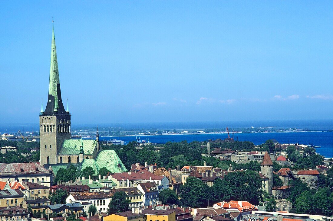 Estonia, church St  Olafs Church, called Oleviste, overlooking Tallinn harbor