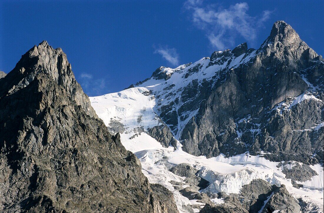 Glaciers on the Barre des Ecrins and La Meije mountains in the French Alps, France.