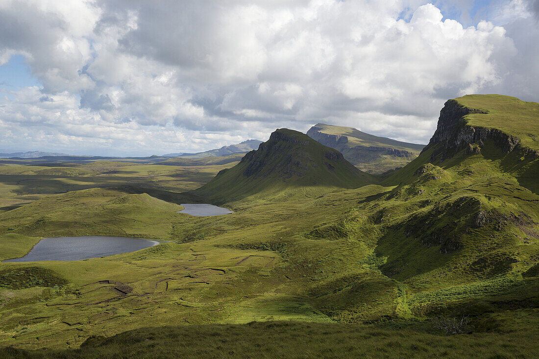 the Quiraing with mountains and lakes, Skye, Scotland.
