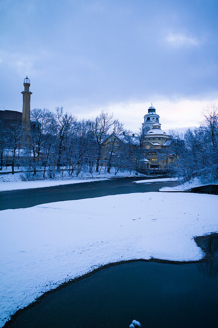 snowy river Isar, Kabelsteg, Munich, Bavaria, Germany