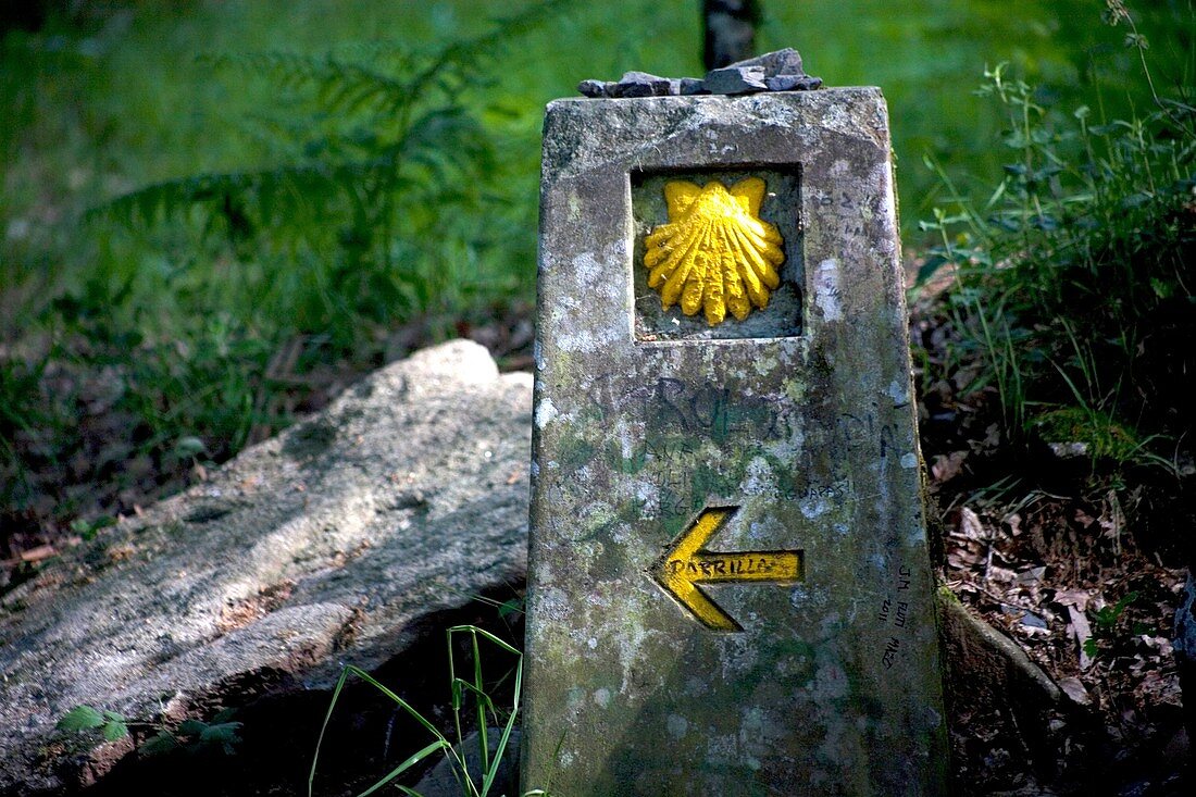 A boundary stone decorated with a yellow scallop shell and an arrow arrow pointing left is displayed in the French Way that leads to Santiago, in Galicia region, Spain. Hundred of thousands pilgrims walk every year to Santiago de Compostela using the Fren