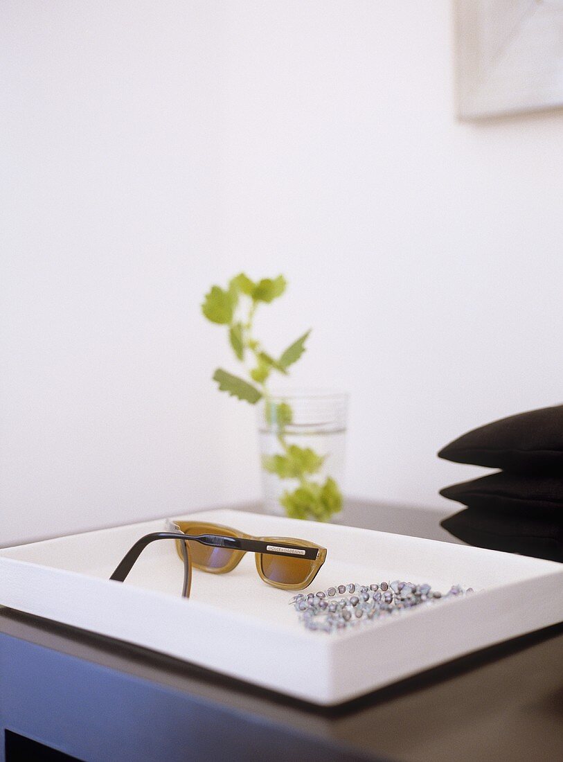 Close up of sunglasses and beaded necklace in white tray on dressing table