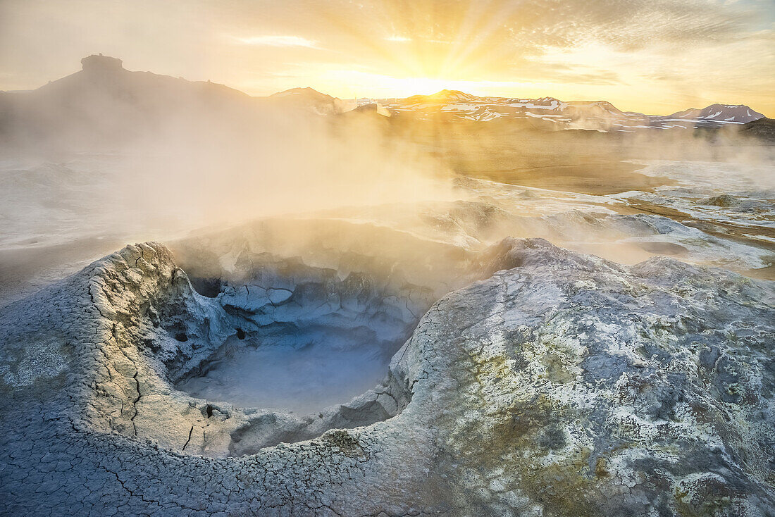 Landscape of geothermal hot springs, mud pots and fumaroles, Namaskard by Lake Myvatn, Northern, Iceland.