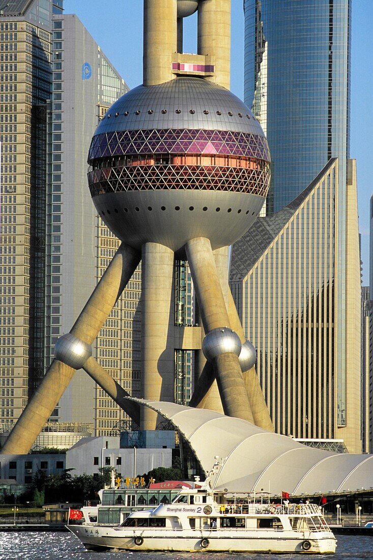 China, Shanghai, Pudong business district skyline, Oriental Pearl Tower.