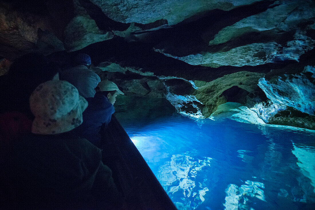 boat ride in Wimsen Cave in the Aach valley, Zwiefalten, Swabian Alb, Baden-Wuerttemberg, Germany