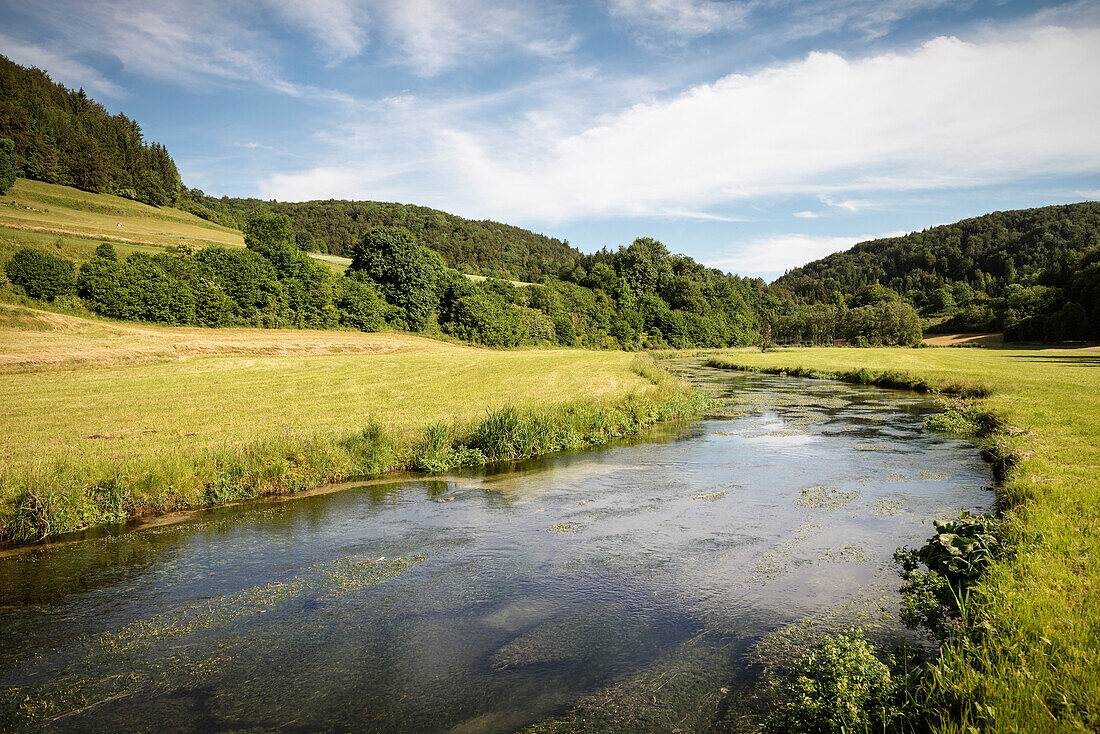 view towards Aach valley and Aach river, Zwiefalten, Swabian Alb, Baden-Wuerttemberg, Germany