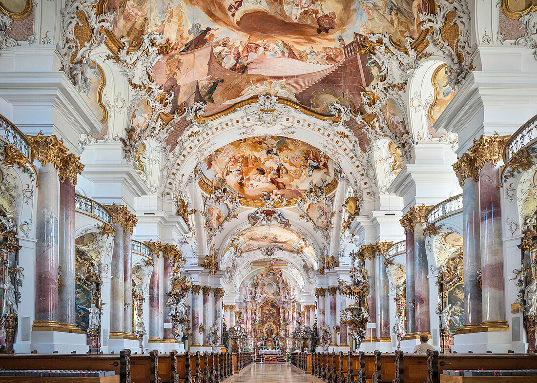 interior of Zwiefalten Monastry with baroque architecture and paintings, Swabian Alb, Baden-Wuerttemberg, Germany