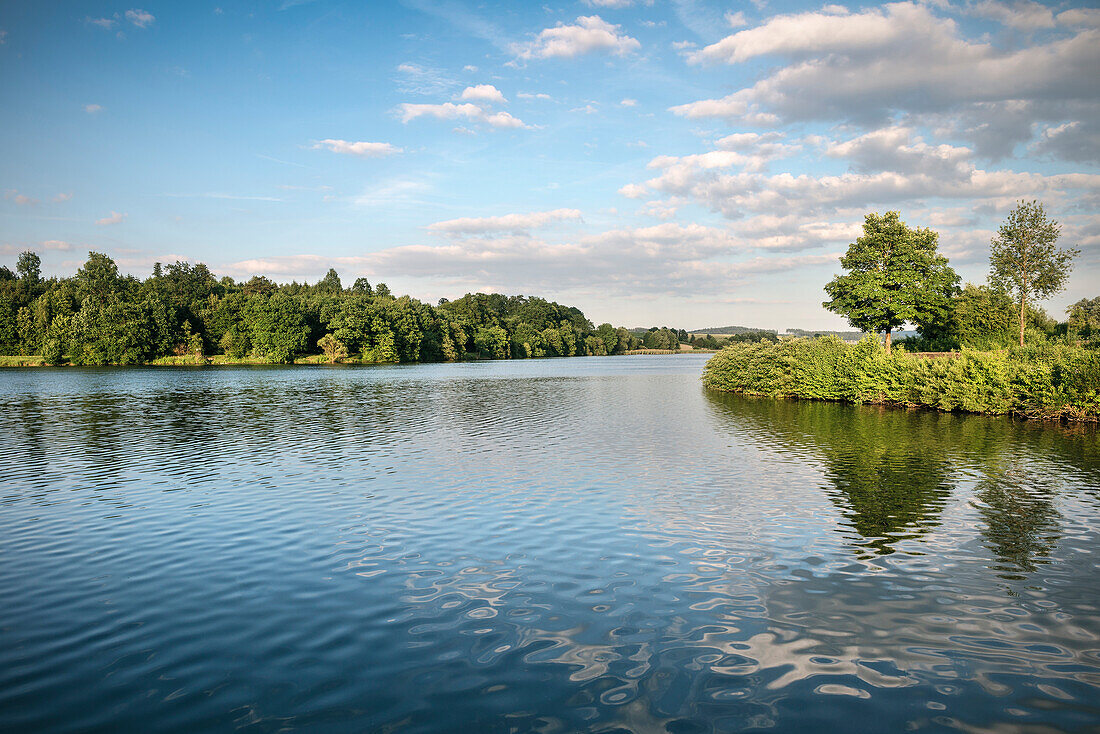 view across lake, Limes (border wall of Roman Empire) Park Rainau-Buch, Aalen, Ostalb province, Swabian Alb, Baden-Wuerttemberg, Germany, UNESCO world heritage site