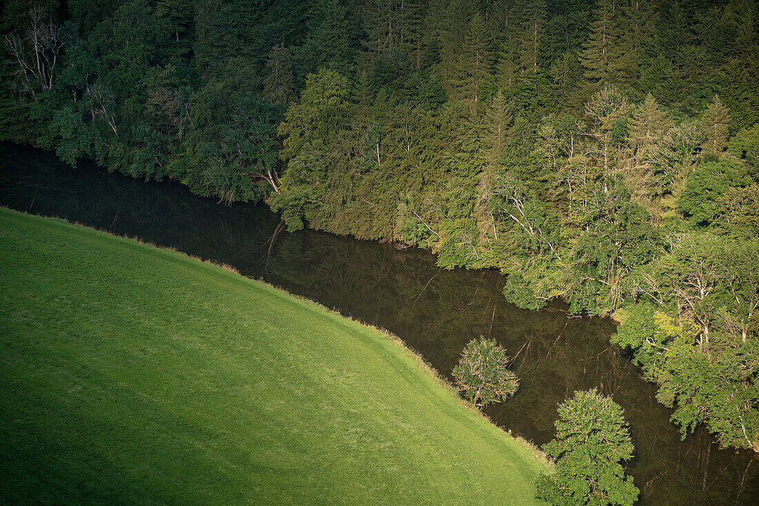 The young Danube river flowing along the Danube River Valley, Upper Danube Nature Park, Sigmaringen, Tuttlingen, Zollernalb, Biberach, Swabian Alb, Baden-Wuerttemberg, Germany